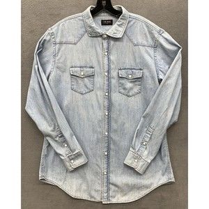 Tie Bar Snap  Button Shirt Men's Size 18 Light Blue Trim Long Sleeve 100% Cotton